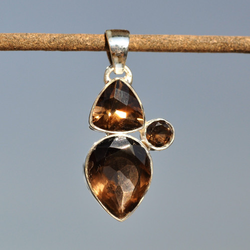 Pendentif argent 3 pierres en Quartz fumé brun