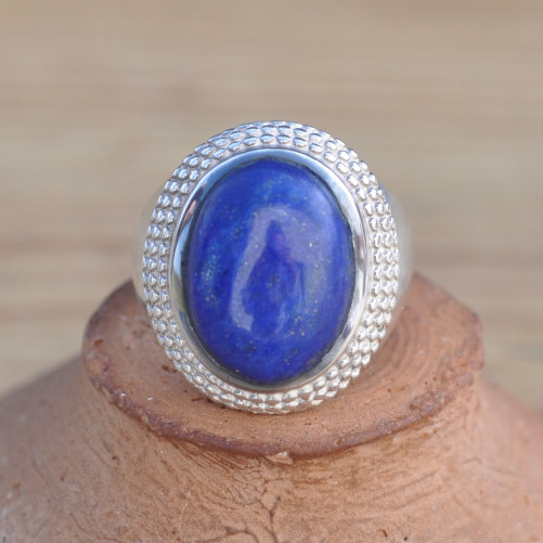 Bague chevalière argent mixte pierre en Lapis lazuli ovale