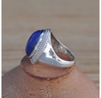 Bague chevalière argent mixte pierre en Lapis lazuli ovale T56
