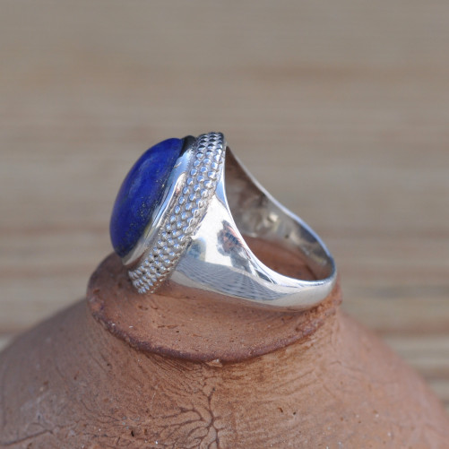 Bague chevalière argent mixte pierre en Lapis lazuli ovale T56