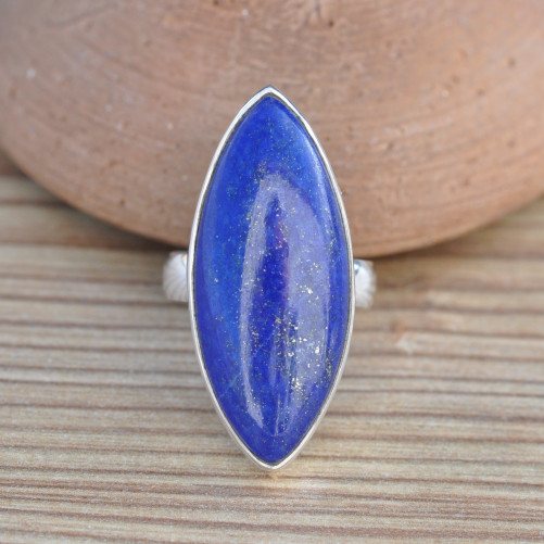 NEW ! Belle bague navette pierre Lapis lazuli sertie d'argent T55