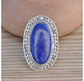 NEW ! Longue bague ethnique argent & pierre Lapis lazuli oblongue T55