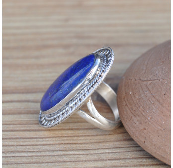 Longue bague ethnique argent & pierre Lapis lazuli oblongue T55