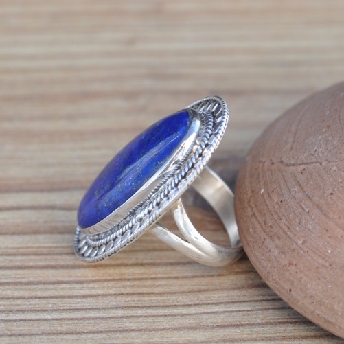 Longue bague ethnique argent & pierre Lapis lazuli oblongue T55