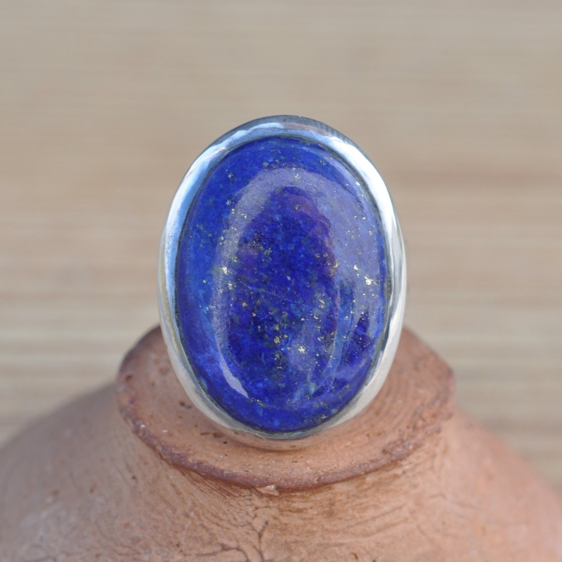 Bague ovale massive pierre Lapis lazuli sertie d'argent T57