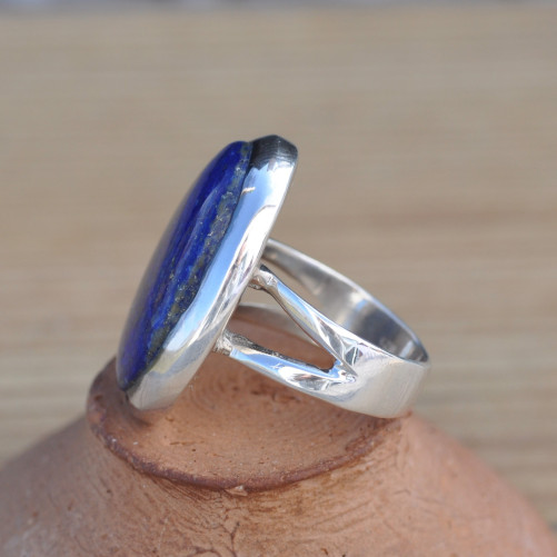 Bague ovale massive pierre Lapis lazuli sertie d'argent T57