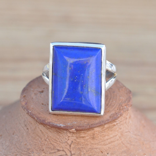 Bague rectangulaire argent 925 et pierre Lapis lazuli T55