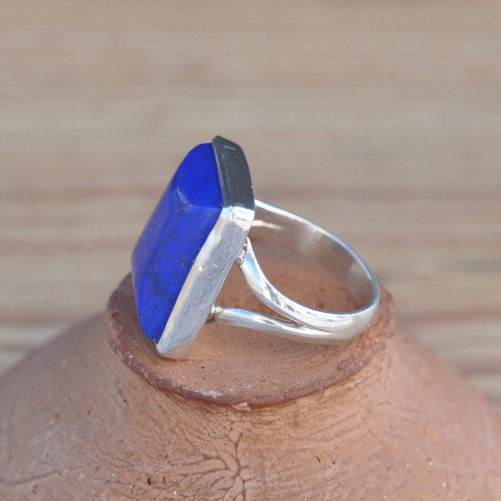 Bague rectangulaire argent 925 et pierre Lapis lazuli T54