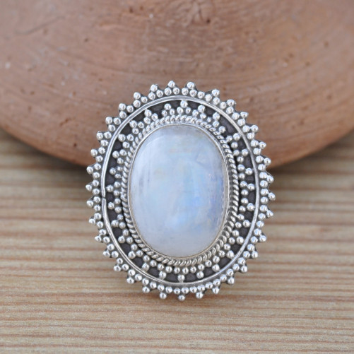 Bague argent ethnique pierre ovale en Pierre de lune T56