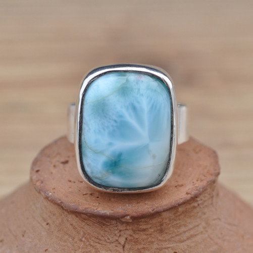 Bague rectangulaire argent et pierre naturelle Larimar bleue