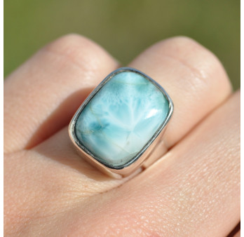 Bague rectangulaire argent et pierre naturelle Larimar bleue T53