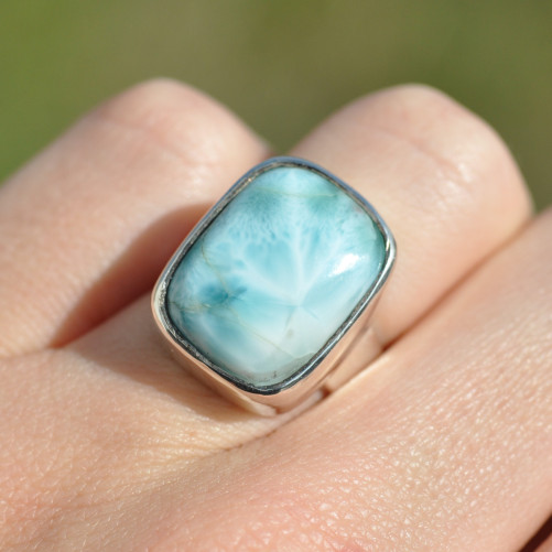Bague rectangulaire argent et pierre naturelle Larimar bleue T53