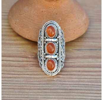 Bague massive longue argent ciselé 3 pierres en Cornaline (orange)