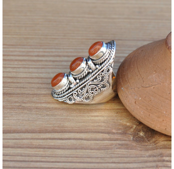 Bague massive longue argent ciselé 3 pierres en Cornaline (orange) T54