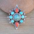 Bague népalaise en argent, Corail et Turquoise du Tibet réglable T51/57 Bague népalaise en argent, Corail et Turquoise du Tibet réglable T51/57