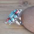 Bague népalaise en argent, Corail et Turquoise du Tibet réglable T51/57 Bague népalaise en argent, Corail et Turquoise du Tibet réglable T51/57