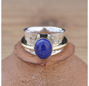 Anneau argent martelé avec anneau doré et pierre Lapis lazuli