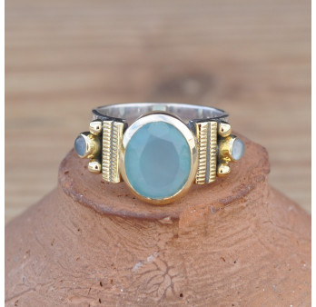 Bague anneau plat argent Calcédoine ovale facettée
