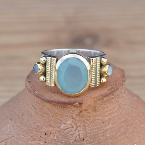 Bague anneau plat argent Calcédoine ovale facettée