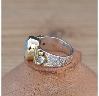 Bague anneau plat argent Calcédoine ovale facettée T53