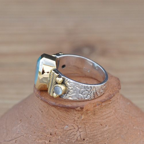 Bague anneau plat argent Calcédoine ovale facettée T53
