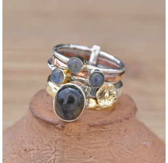Bague 5 anneaux argent et cuivre avec 4 pierres en Labradorite
