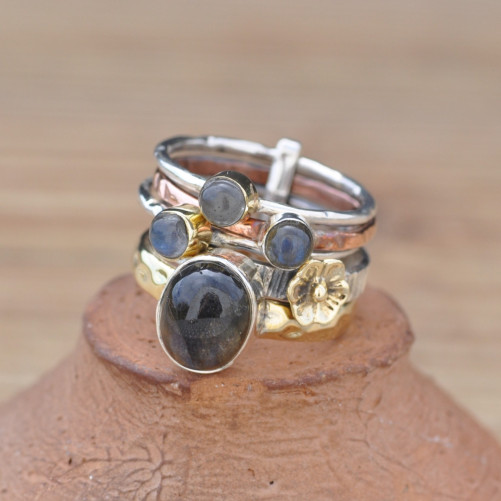 Bague 5 anneaux argent et cuivre avec 4 pierres en Labradorite