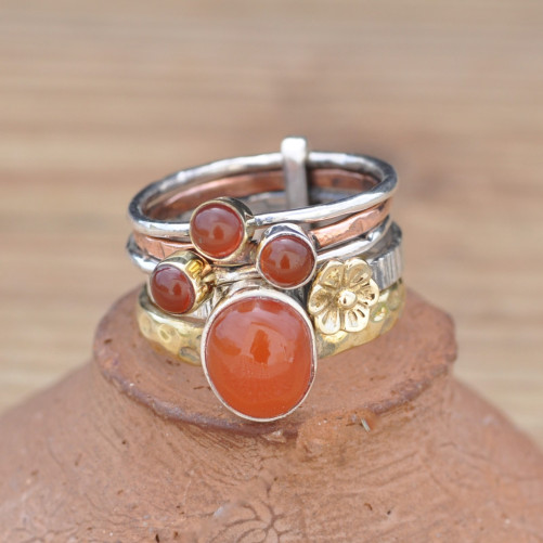Bague 5 anneaux argent et cuivre avec 4 pierres en Cornaline
