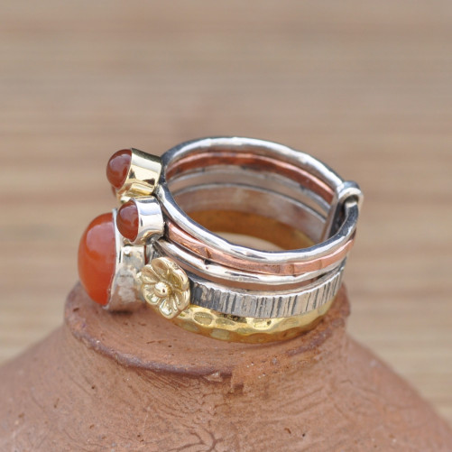 Bague 5 anneaux argent et cuivre avec 4 pierres en Cornaline T54