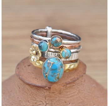 Bague 5 anneaux argent et cuivre avec 4 pierres en Turquoise