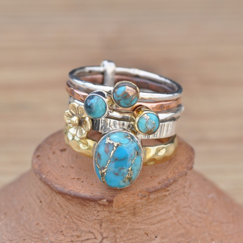 Bague 5 anneaux argent et cuivre avec 4 pierres en Turquoise
