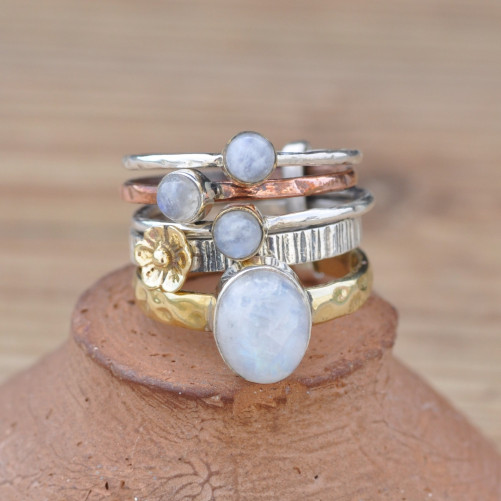Bague 5 anneaux argent et cuivre avec 4 pierres en Pierre de lune