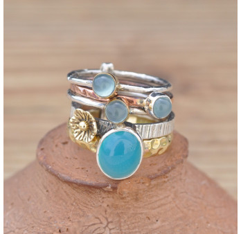 Bague 5 anneaux argent et cuivre avec 4 pierres en Calcédoine