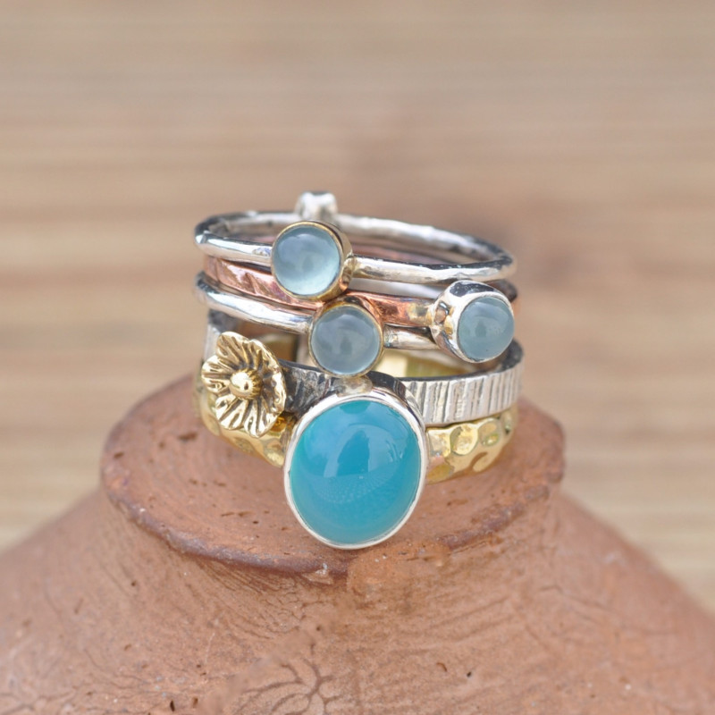 Bague 5 anneaux argent et cuivre avec 4 pierres en Calcédoine T54