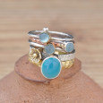 Bague 5 anneaux argent et cuivre avec 4 pierres en Calcédoine T54