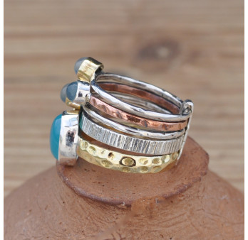Bague 5 anneaux argent et cuivre avec 4 pierres en Calcédoine