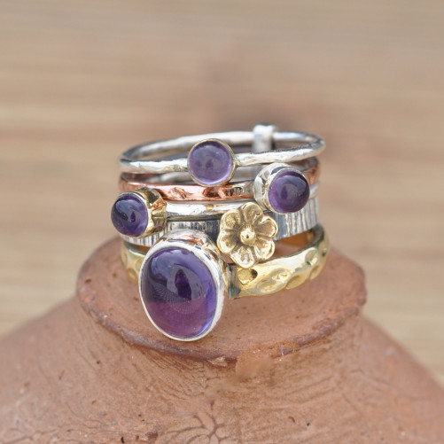 Bague 5 anneaux argent et cuivre avec 4 pierres en Améthyste (violet)