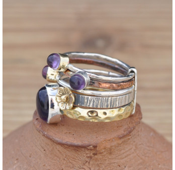 Bague 5 anneaux argent et cuivre avec 4 pierres en Améthyste (violet) T51/53/54