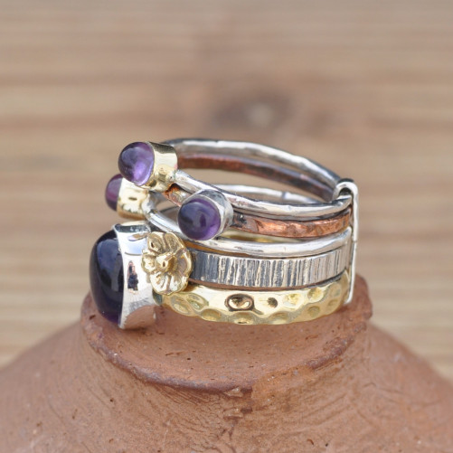 Bague 5 anneaux argent et cuivre avec 4 pierres en Améthyste (violet) T51/53/54