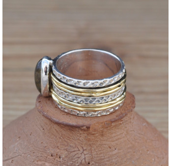 Bague large moderne argent doré et pierre Labradorite oblongue