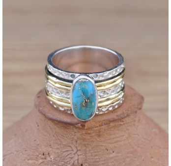 Bague large moderne argent doré et pierre Turquoise oblongue