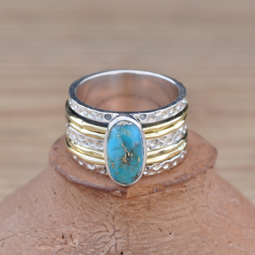 Bague large moderne argent doré et pierre Turquoise oblongue