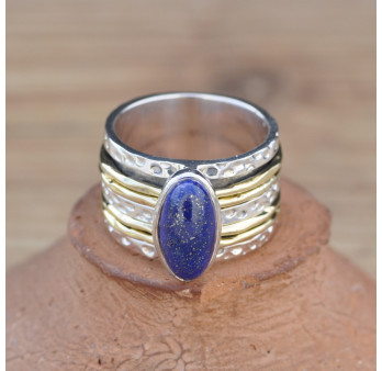 Bague large moderne argent doré et pierre Lapis lazuli (bleu)