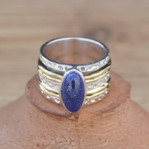 Bague large moderne argent doré et pierre Lapis lazuli (bleu)