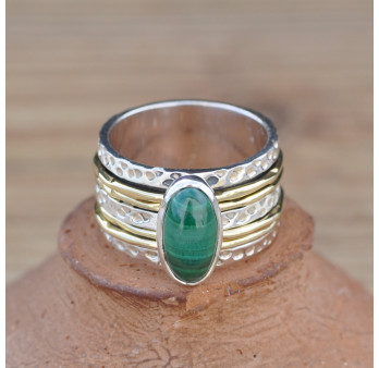 Bague large moderne argent doré et pierre Malachite oblongue
