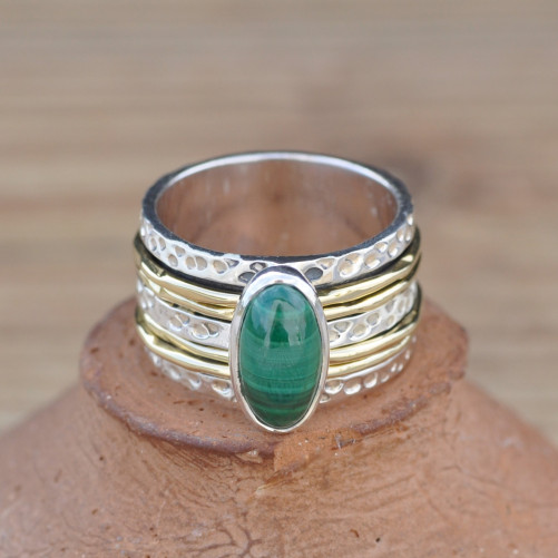Bague large moderne argent doré et pierre Malachite oblongue