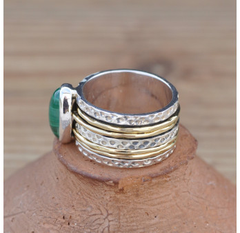 Bague large moderne argent doré et pierre Malachite oblongue T53