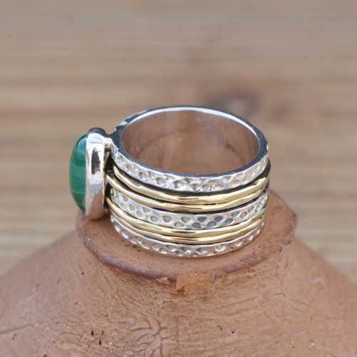 Bague large moderne argent doré et pierre Malachite oblongue T53