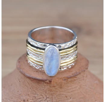 Bague large moderne argent doré et Pierre de lune (blanc)