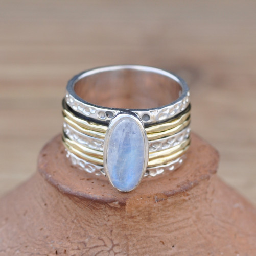 Bague large moderne argent doré et Pierre de lune (blanc)